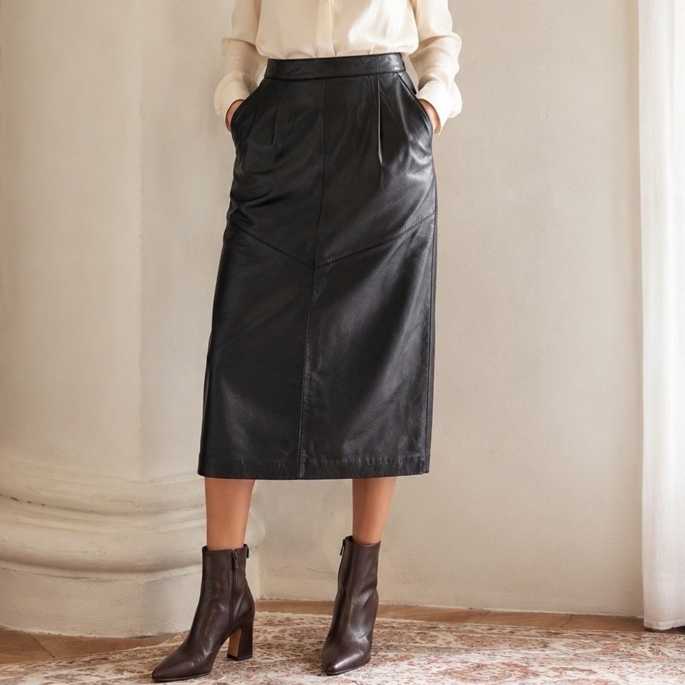 Evan Davies Skirt Women 10P Black Good Cow Nappa Leather Midi High Waist Vintage